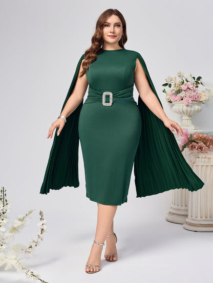 Solid Bodycon Midi Dress with Pleated Cape