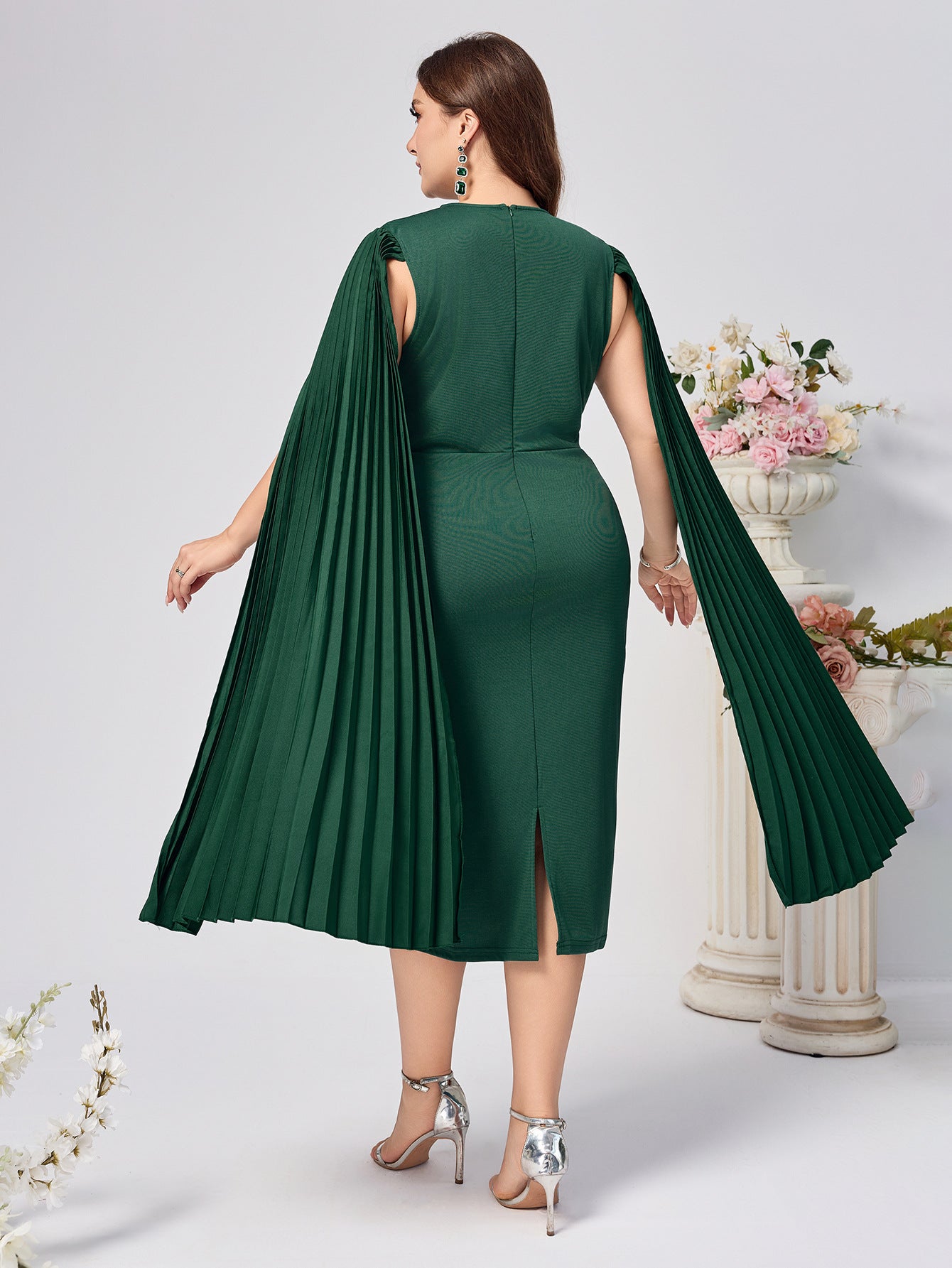 Solid Bodycon Midi Dress with Pleated Cape