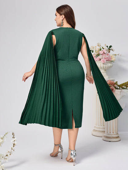 Solid Bodycon Midi Dress with Pleated Cape