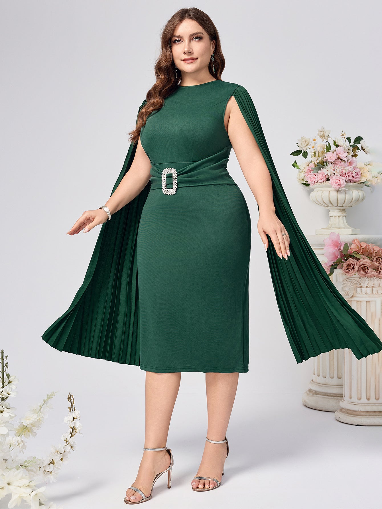 Solid Bodycon Midi Dress with Pleated Cape