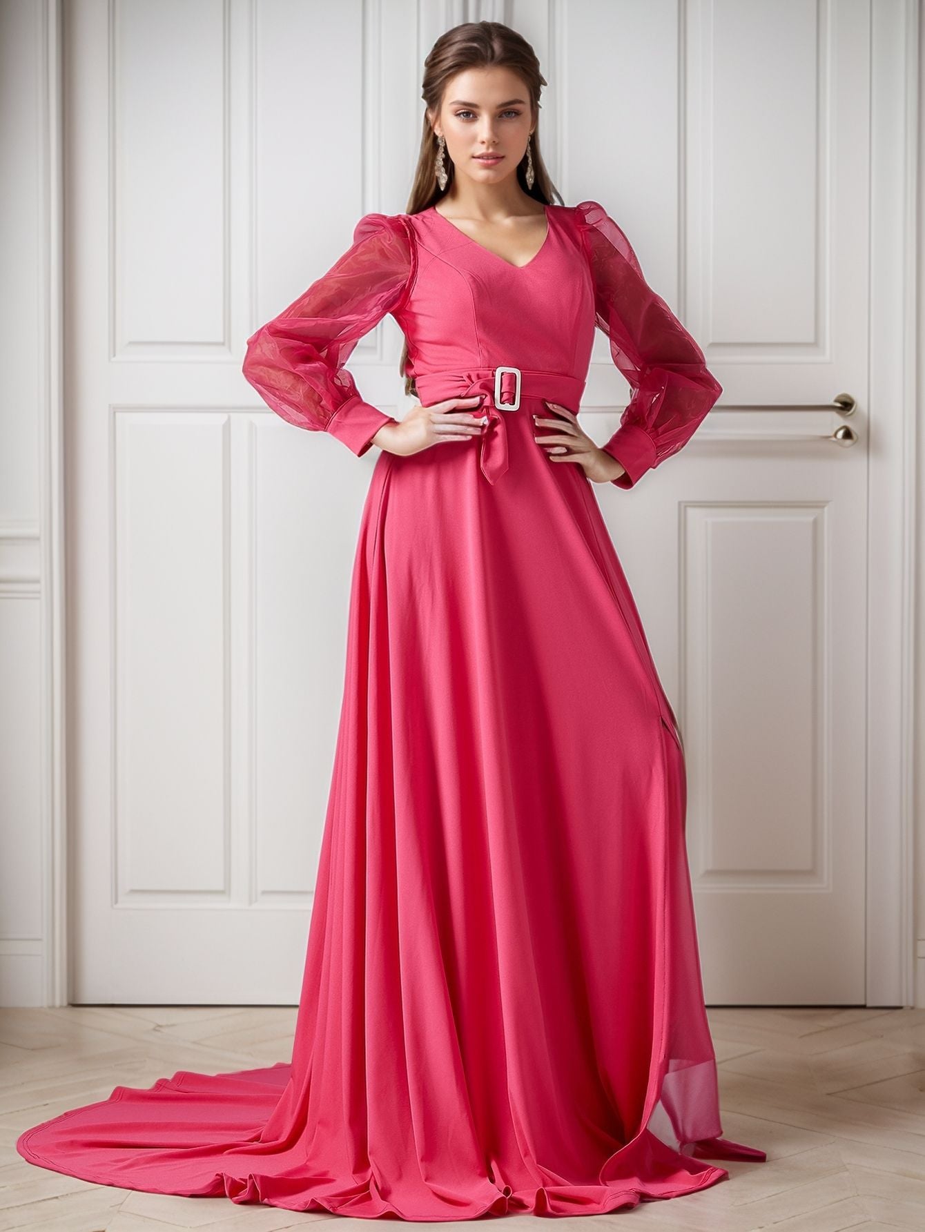 A-Line Maxi Dress with Sheer Long Sleeves and Belted Waist