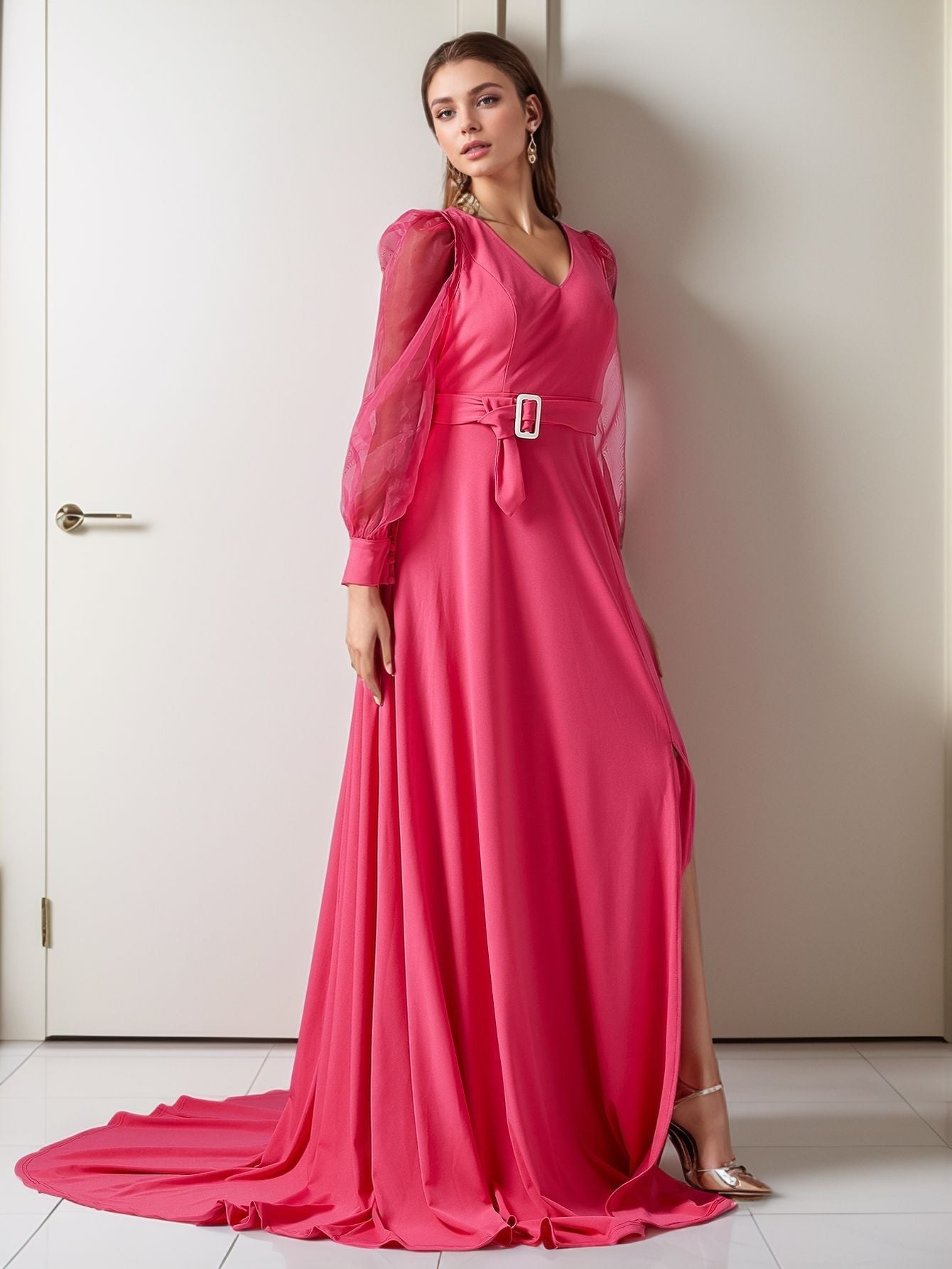 A-Line Maxi Dress with Sheer Long Sleeves and Belted Waist