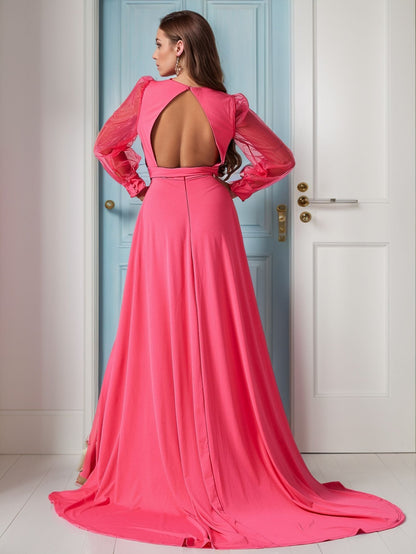 A-Line Maxi Dress with Sheer Long Sleeves and Belted Waist