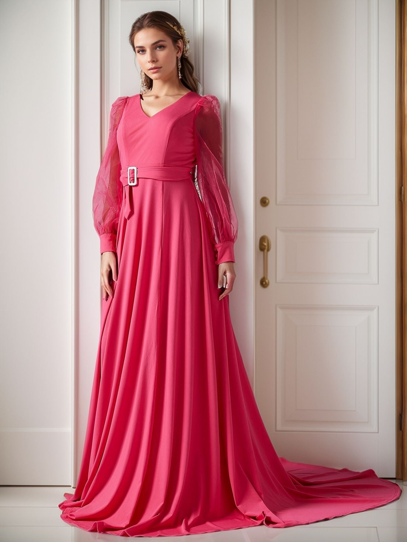 A-Line Maxi Dress with Sheer Long Sleeves and Belted Waist