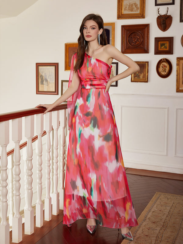Tie-Dye Print Maxi Dress with One-Shoulder and High-Waist