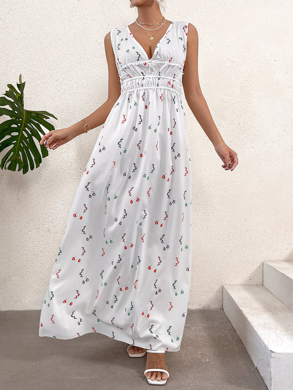 Abstract Print Maxi Dress with V-Neck and Ruched Waist