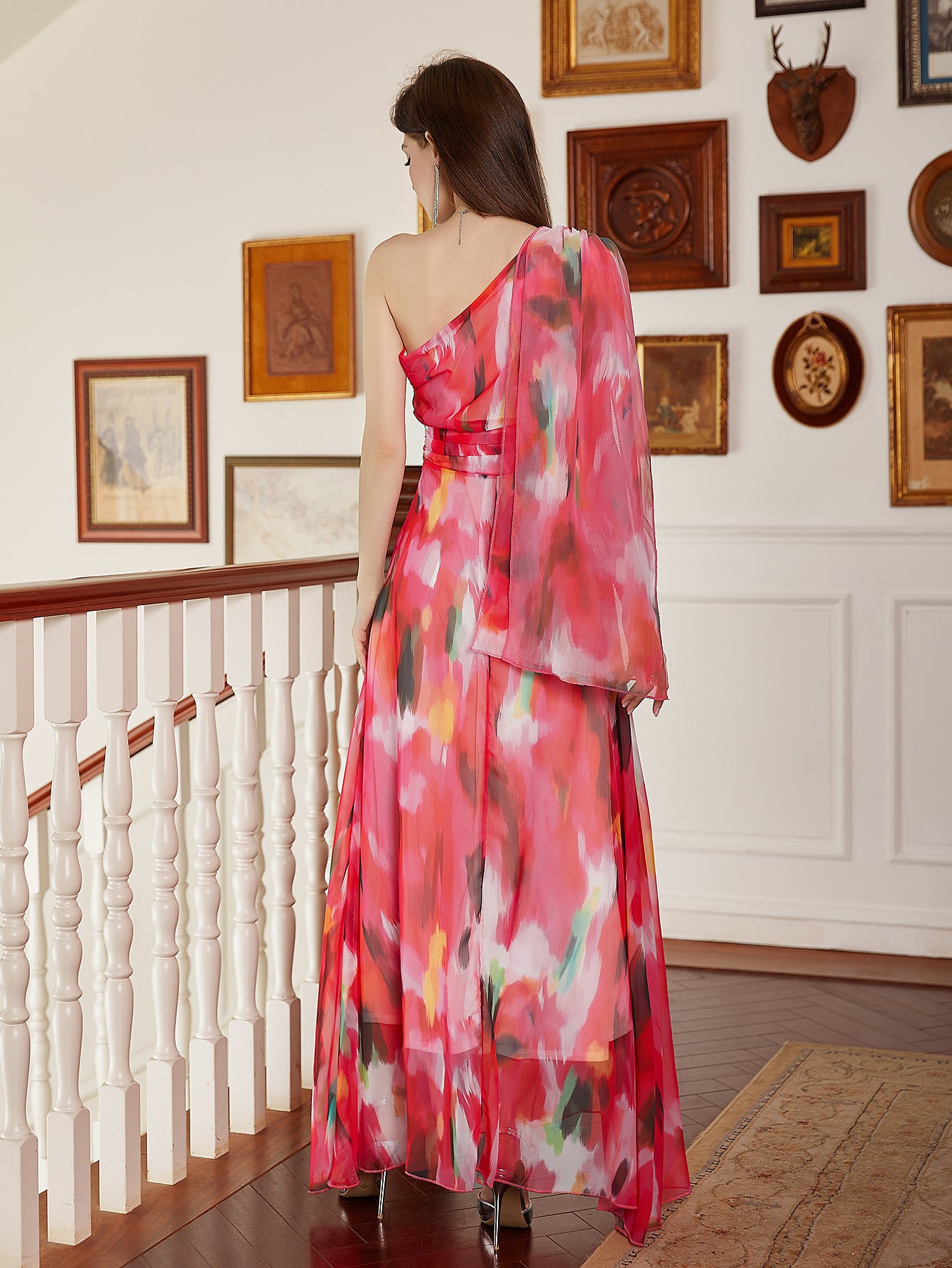 Tie-Dye Print Maxi Dress with One-Shoulder and High-Waist