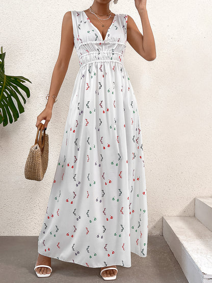Abstract Print Maxi Dress with V-Neck and Ruched Waist