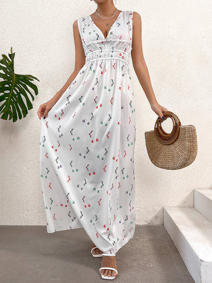 Abstract Print Maxi Dress with V-Neck and Ruched Waist