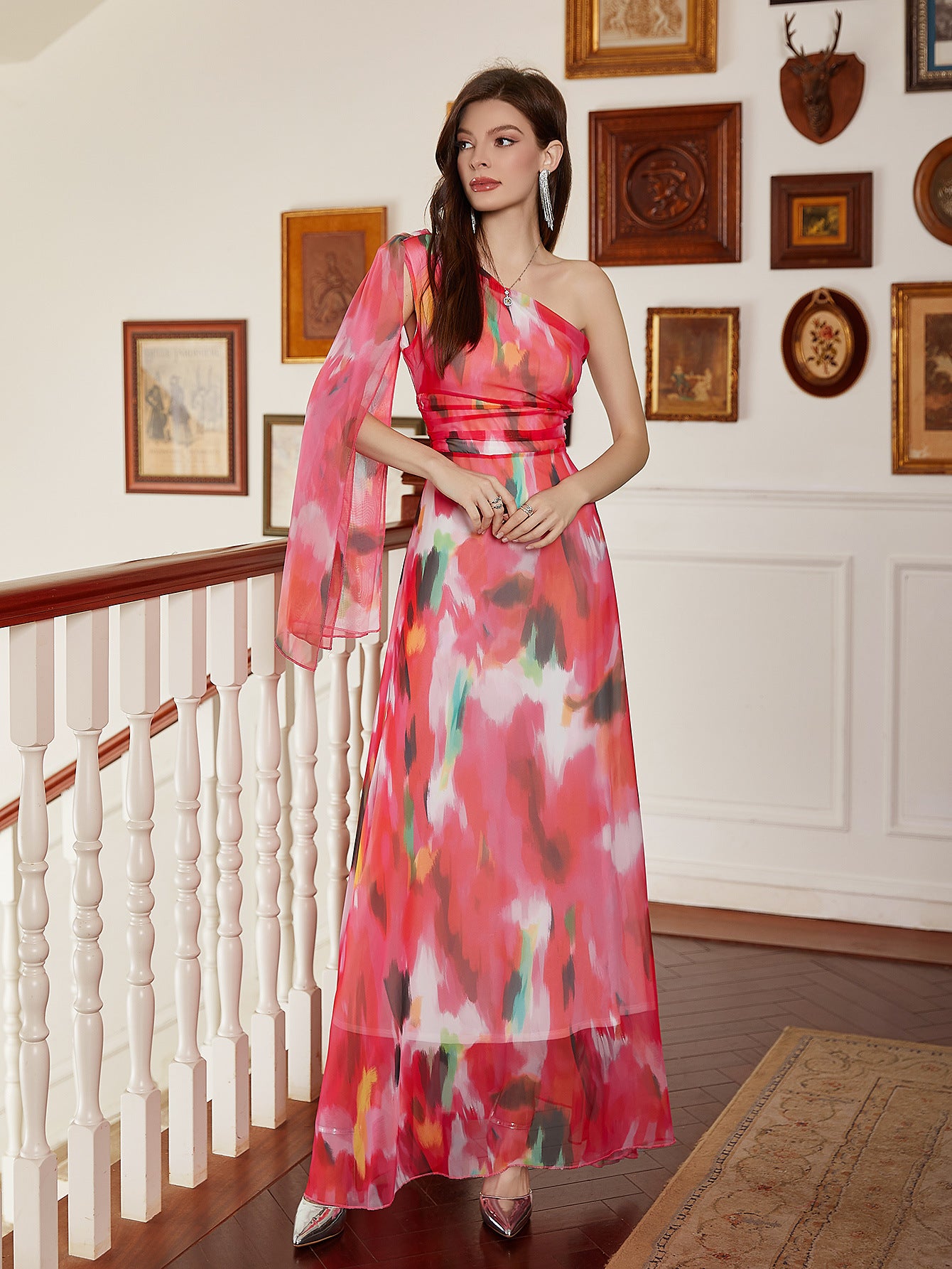 Tie-Dye Print Maxi Dress with One-Shoulder and High-Waist