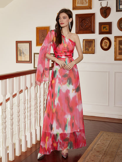 Tie-Dye Print Maxi Dress with One-Shoulder and High-Waist