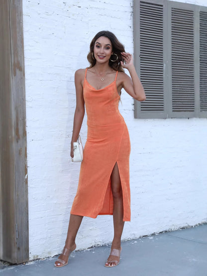 Knitted Bodycon Midi Dress with Cowl Neck and Side Slit