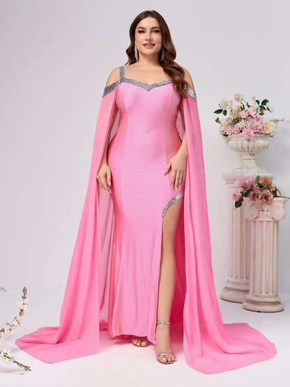 Sheath Maxi Dress with Sequin Trim and Trailing Cape Sleeves