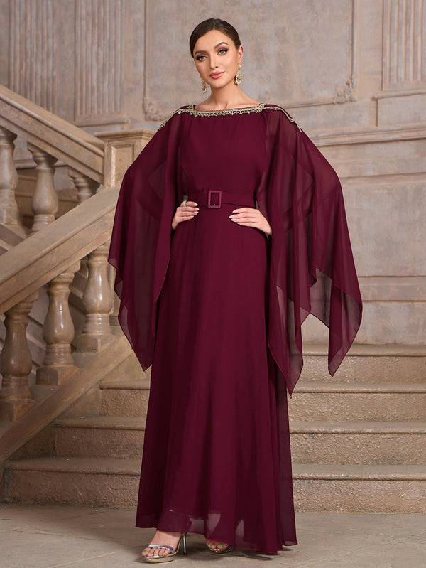 Maxi Dress with Cape Sleeves and Belted Waist