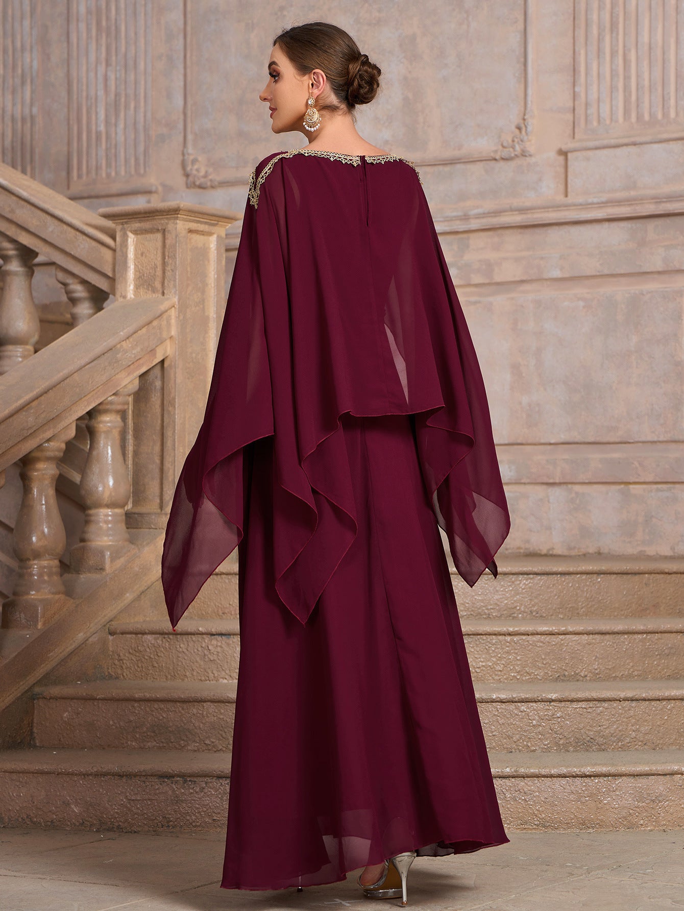 Maxi Dress with Cape Sleeves and Belted Waist