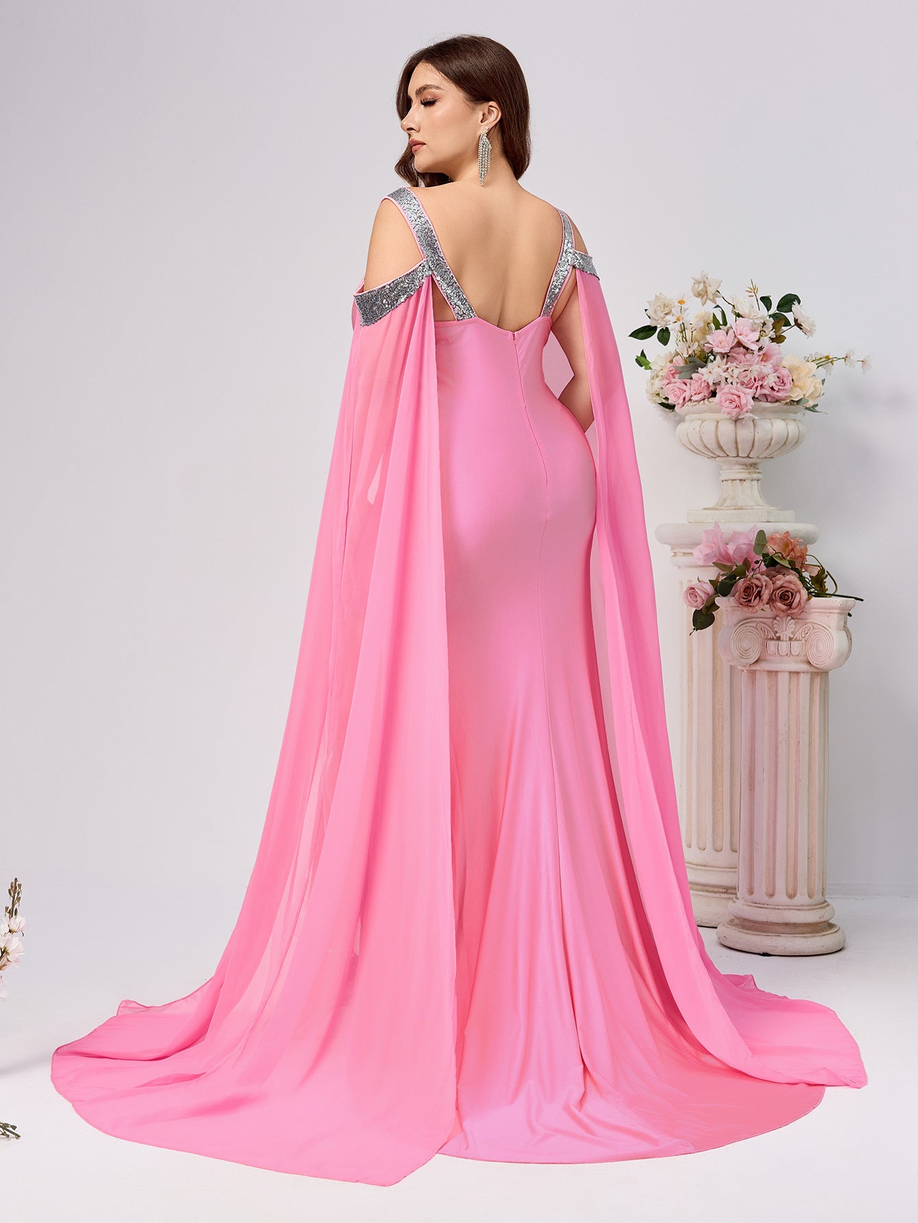 Sheath Maxi Dress with Sequin Trim and Trailing Cape Sleeves
