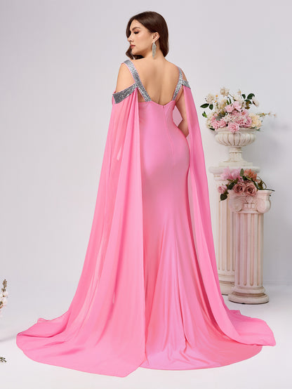 Sheath Maxi Dress with Sequin Trim and Trailing Cape Sleeves
