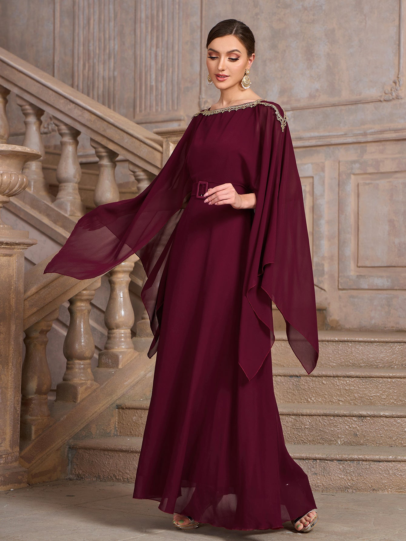 Maxi Dress with Cape Sleeves and Belted Waist