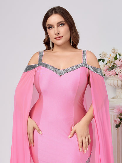 Sheath Maxi Dress with Sequin Trim and Trailing Cape Sleeves