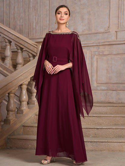 Maxi Dress with Cape Sleeves and Belted Waist