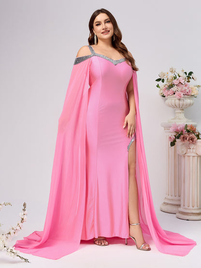 Sheath Maxi Dress with Sequin Trim and Trailing Cape Sleeves