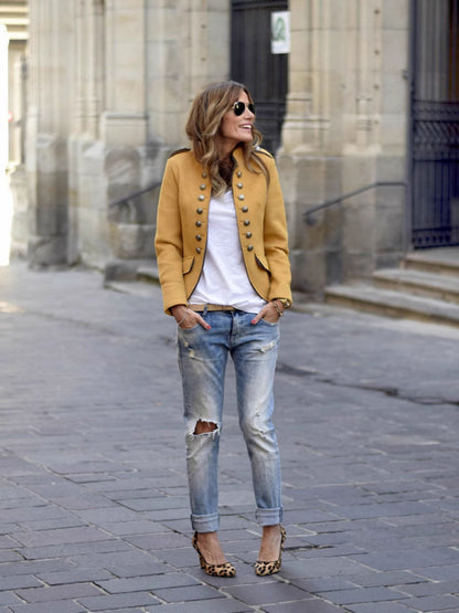 Short Military Jacket with Collarless Neck