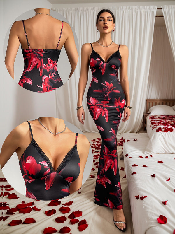 Floral Print Bodycon Maxi Dress with Lace V-Neck