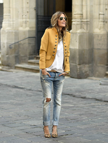 Short Military Jacket with Collarless Neck