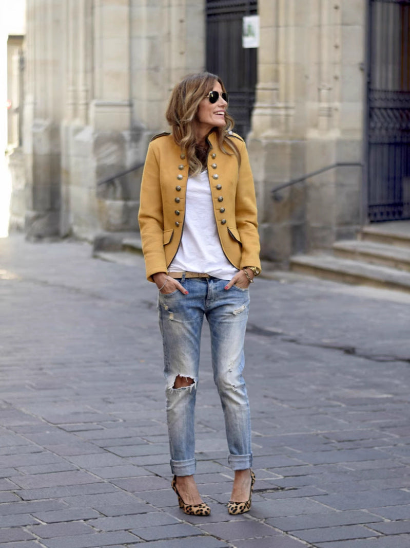 Short Military Jacket with Collarless Neck
