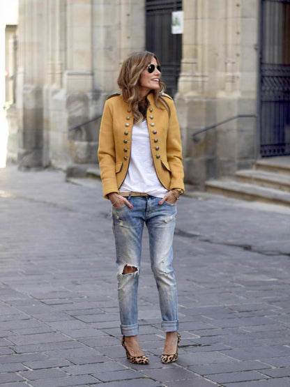 Short Military Jacket with Collarless Neck