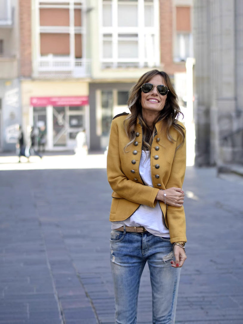 Short Military Jacket with Collarless Neck
