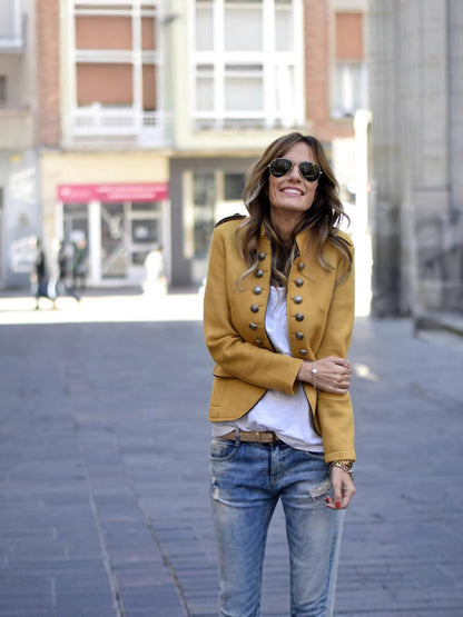 Short Military Jacket with Collarless Neck