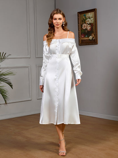 Satin Off-Shoulder Button-Front Midi Dress with Belt