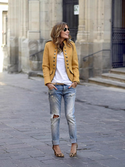 Short Military Jacket with Collarless Neck