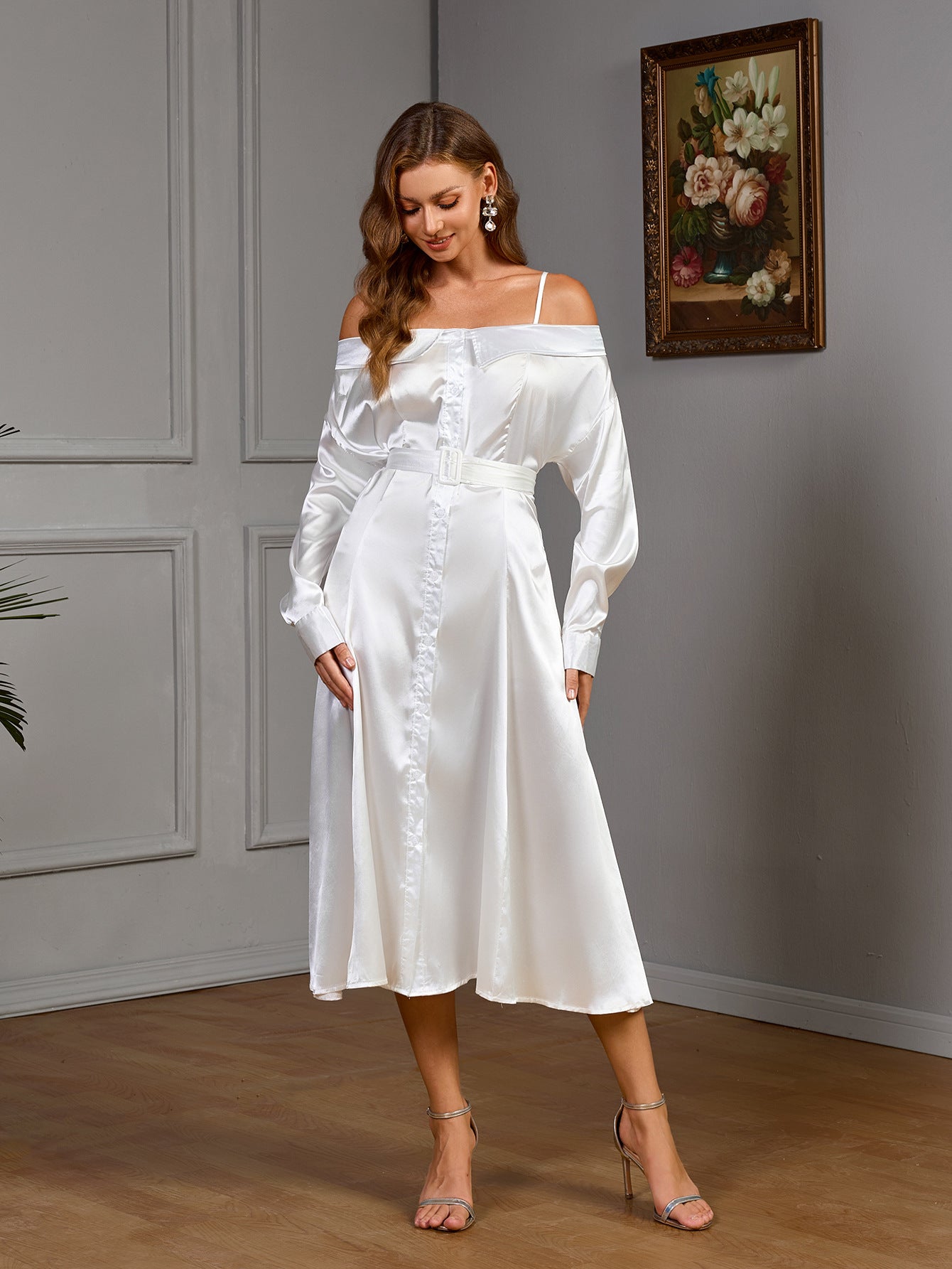 Satin Off-Shoulder Button-Front Midi Dress with Belt