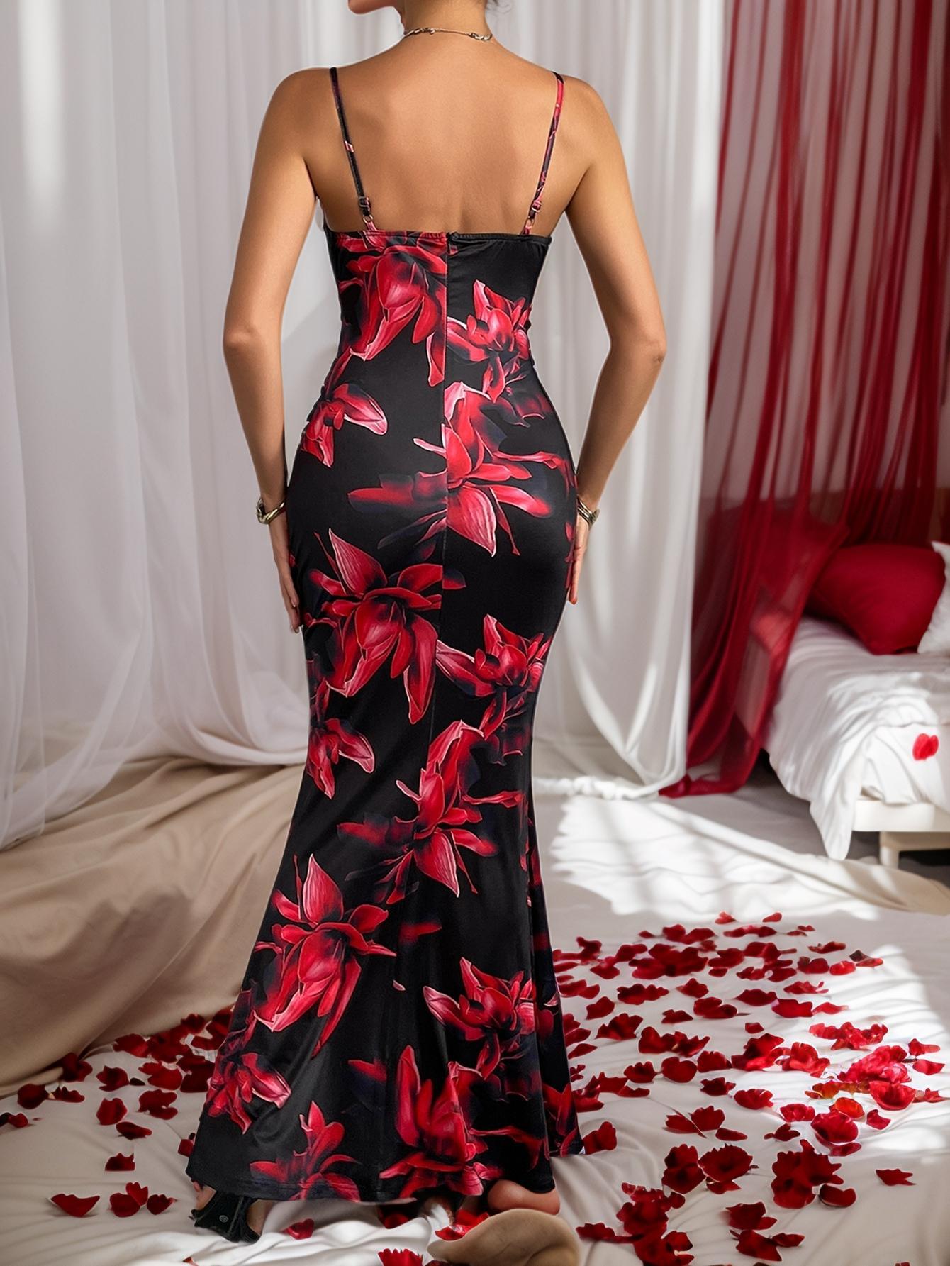 Floral Print Bodycon Maxi Dress with Lace V-Neck