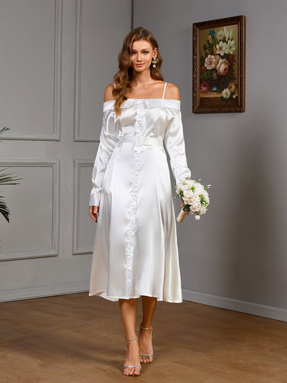 Satin Off-Shoulder Button-Front Midi Dress with Belt