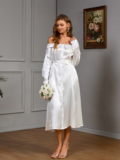 Satin Off-Shoulder Button-Front Midi Dress with Belt