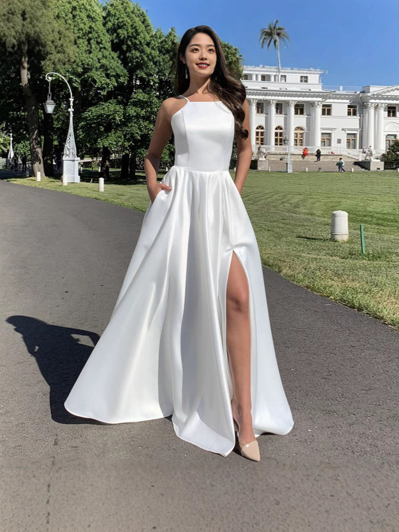 Solid A-Line Maxi Dress with Square Neck and High Slit