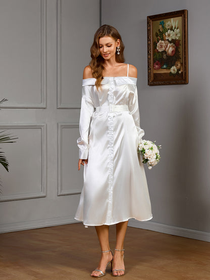 Satin Off-Shoulder Button-Front Midi Dress with Belt