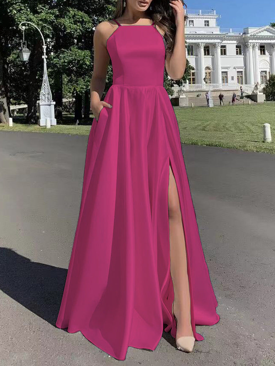 Solid A-Line Maxi Dress with Square Neck and High Slit