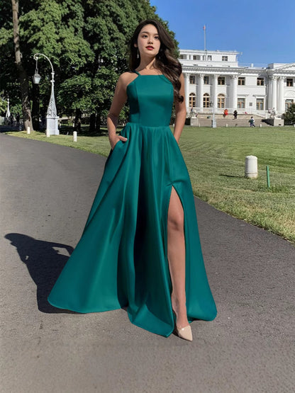 Solid A-Line Maxi Dress with Square Neck and High Slit