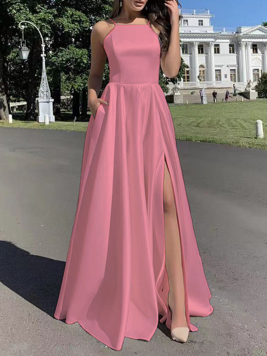Solid A-Line Maxi Dress with Square Neck and High Slit