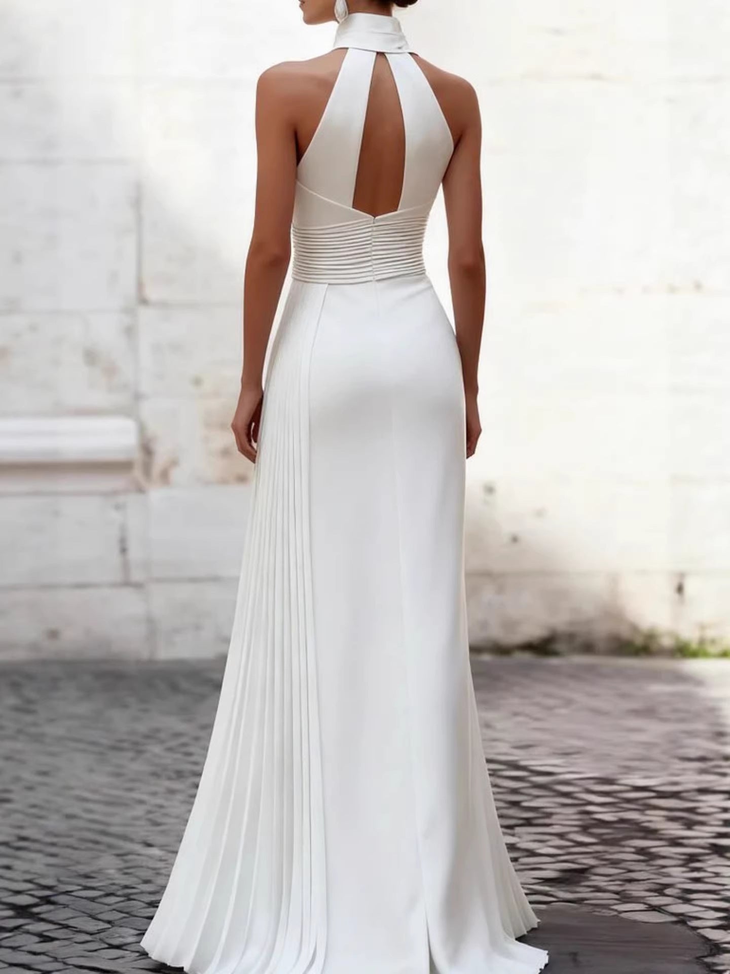 Column Maxi Dress with Halter Neck and Asymmetric Pleats