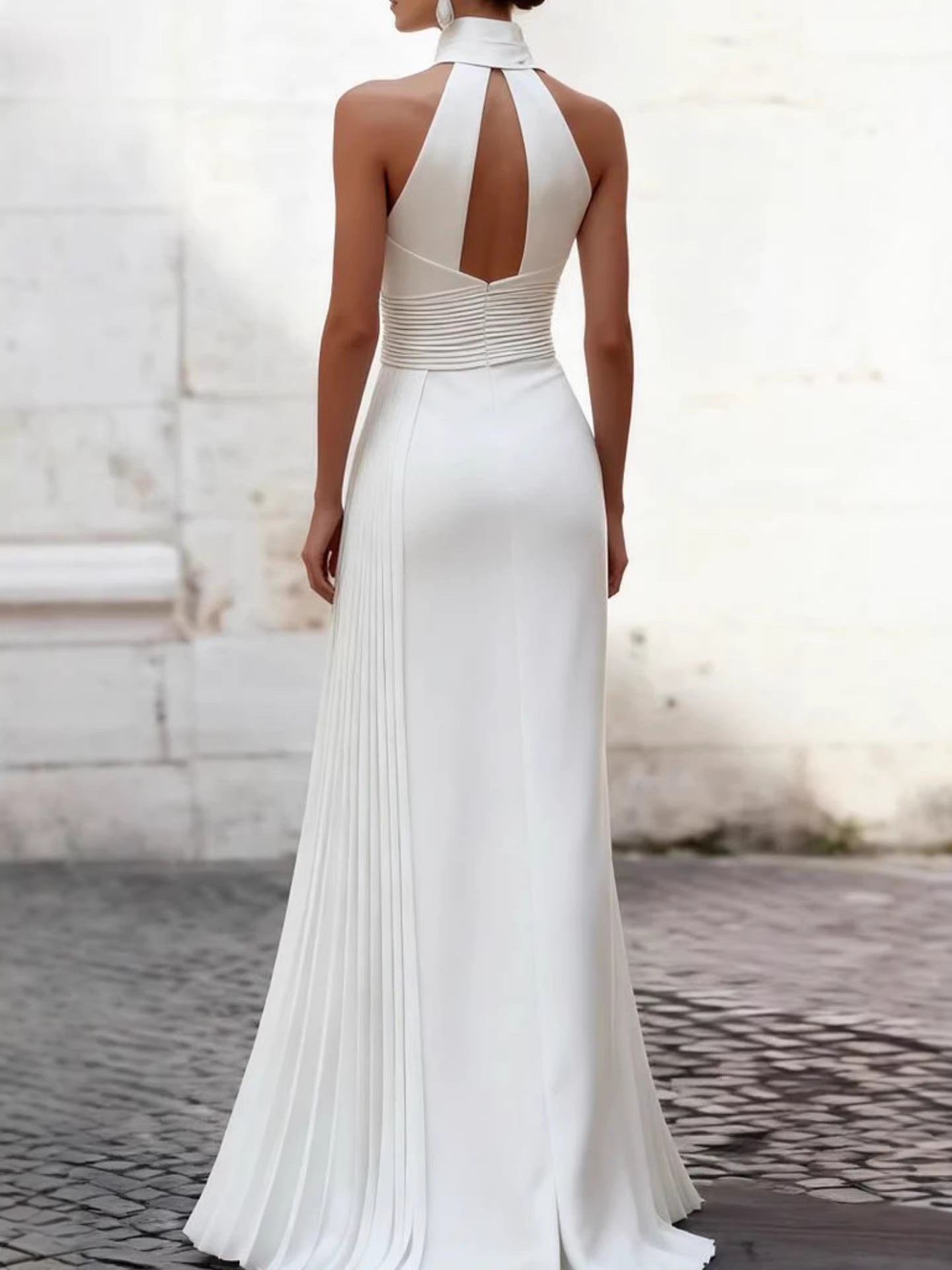 Column Maxi Dress with Halter Neck and Asymmetric Pleats