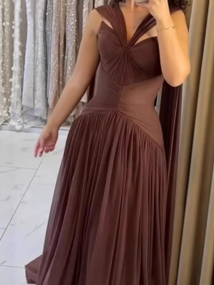 Pleated A-Line Maxi Dress with Twisted Neckline