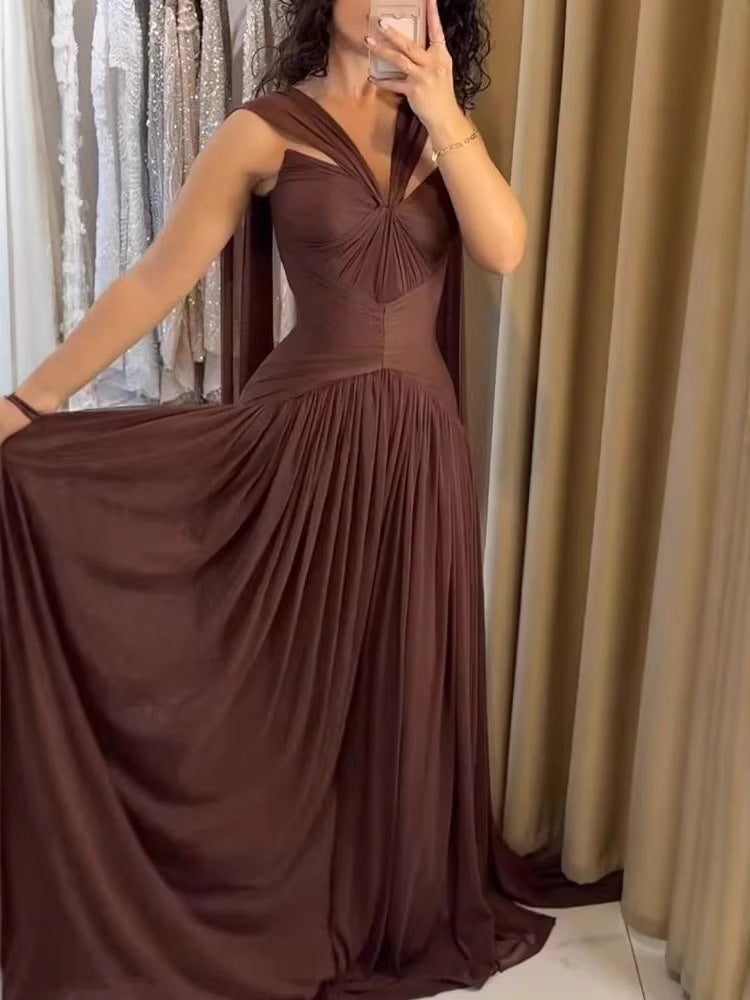Pleated A-Line Maxi Dress with Twisted Neckline