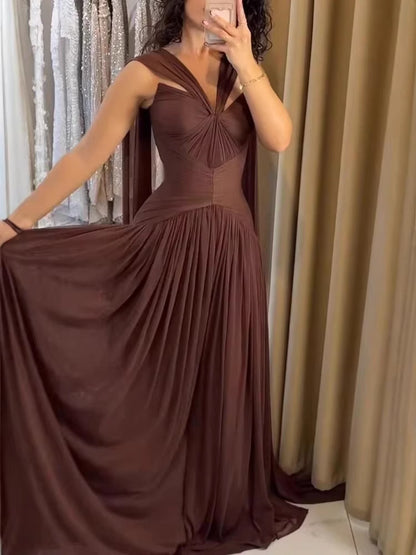Pleated A-Line Maxi Dress with Twisted Neckline