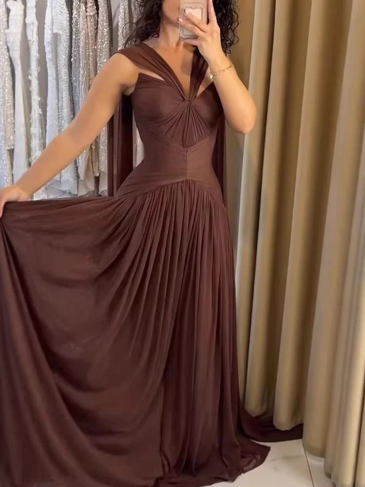 Pleated A-Line Maxi Dress with Twisted Neckline