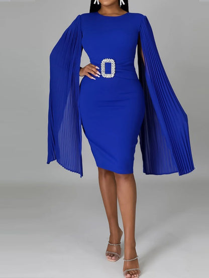 Bodycon Midi Dress with Pleated Cape Sleeves and Buckle